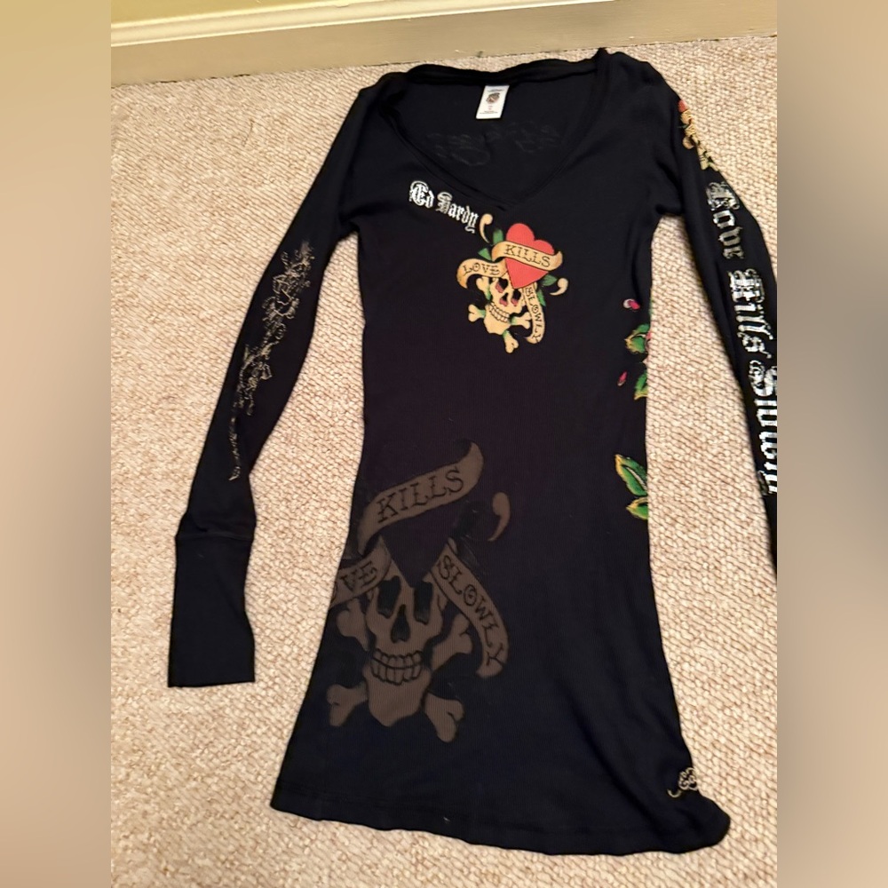 Ed Hardy M (S) Black Graphic Cotton Long Tee Dress